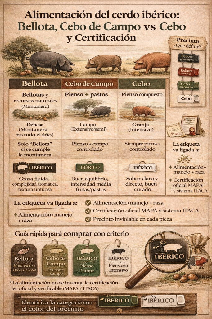 Infografía explicativa sobre el cruce del cerdo ibérico con la raza Duroc según la Norma de Calidad del Ibérico (Real Decreto 4/2014). Muestra cómo se obtienen los porcentajes 100%, 75% y 50% ibérico y la obligación de que la madre sea siempre 100% ibérica.