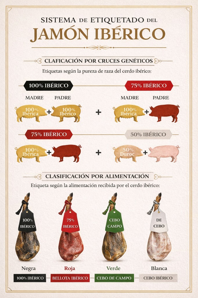 Infografía sobre el sistema oficial de etiquetado del jamón ibérico en España. Explica los precintos negro, rojo, verde y blanco según pureza racial y alimentación certificada.