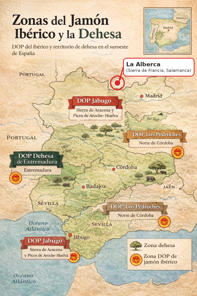 Mapa ilustrado de las principales zonas productoras de jamón ibérico en España. Incluye las Denominaciones de Origen Protegidas Jabugo, Guijuelo, Dehesa de Extremadura y Los Pedroches, así como el territorio de dehesa y referencia a Salamanca.