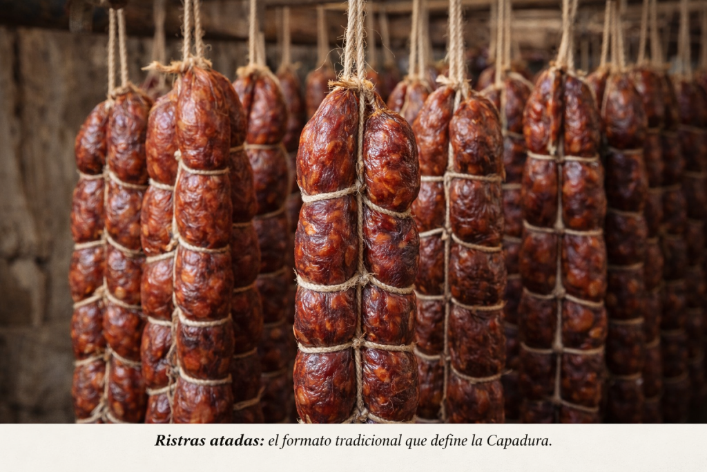 Capadura ibérica de bellota en ristras atadas curándose en secadero tradicional