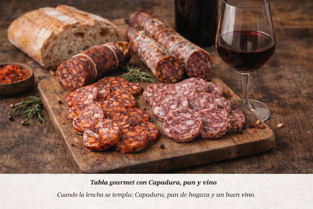 Tabla gourmet con Capadura, pan y vino
