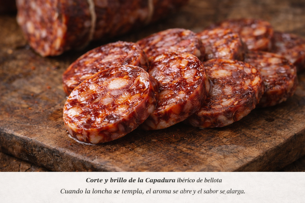 Corte de Capadura ibérica de bellota con infiltración y brillo natural
