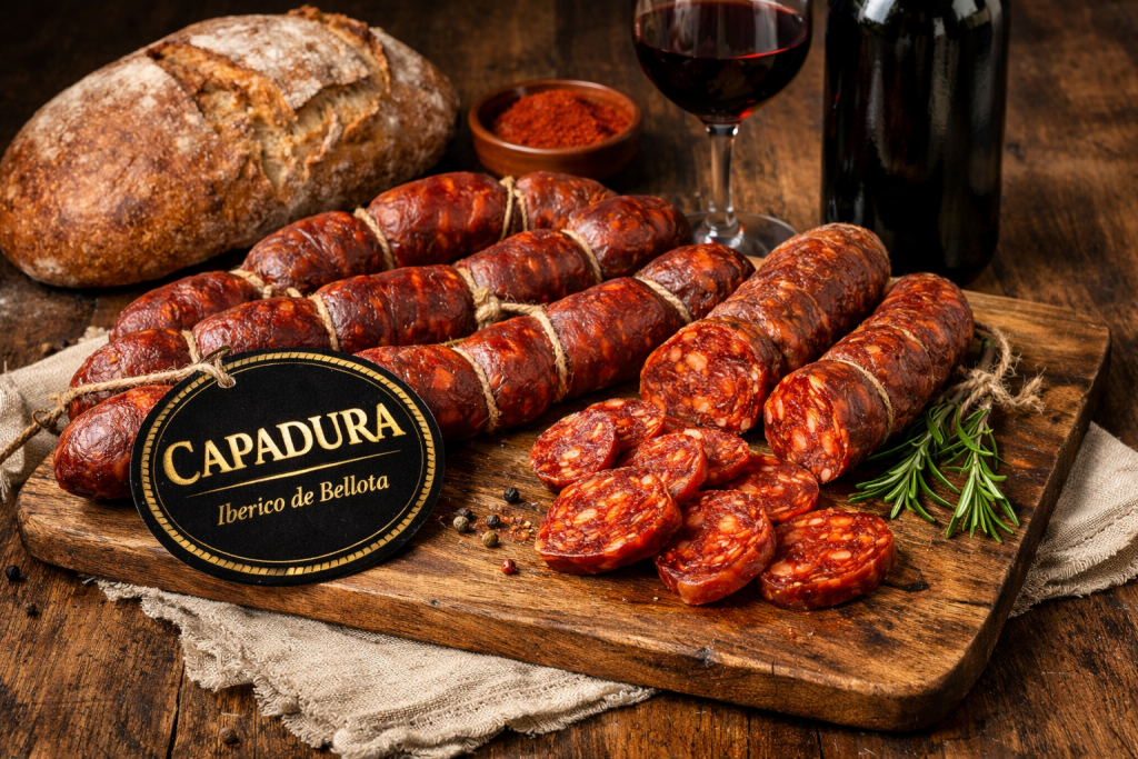 Longaniza ibérica de bellota Capadura en ristra, producto gourmet en Zaragoza

Si la foto es más “tabla con corte + pan + vino”, usa este:

Capadura ibérica de bellota: chorizo en tabla con pan y vino, estilo gourmet