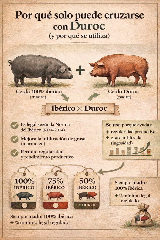Cruce del cerdo ibérico con la raza Duroc según la Norma del Ibérico RD 4/2014 explicando los porcentajes 100%, 75% y 50% ibérico

Alternativa más corta:

Cruce ibérico con Duroc y clasificación genética 100%, 75% y 50% ibérico
