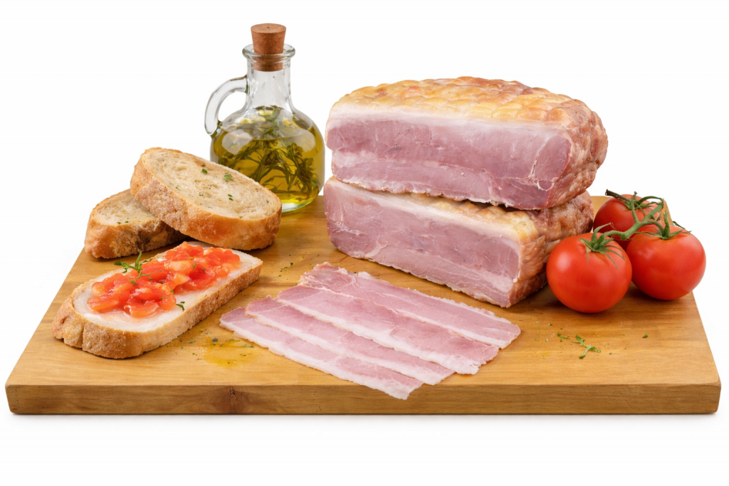 Paleta ibérica asada en formato centro, cortada en lonchas finas y presentada con pan, tomate y aceite de oliva