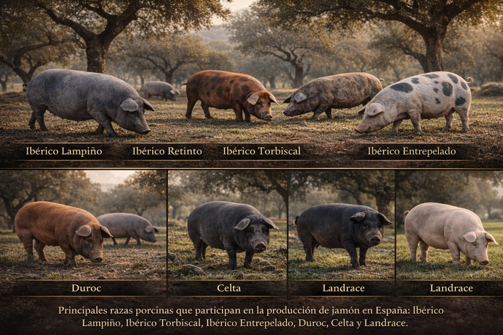 Imagen compuesta con distintas razas porcinas relevantes en España, desde variedades ibéricas hasta razas empleadas en producción y cruces, dentro de un entorno de campo que refuerza la conexión entre genética, crianza y calidad final del jamón.