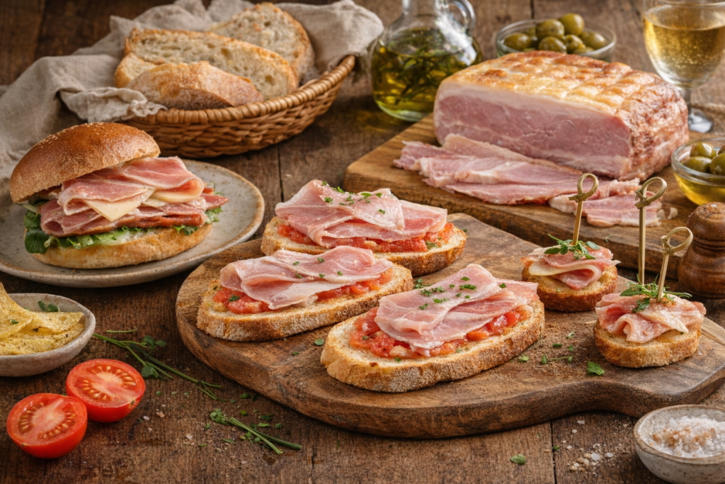Tostas, bocados gourmet y sandwich preparados con paleta ibérica asada, tomate rallado y pan crujiente