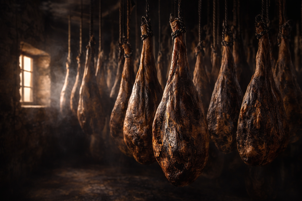 Jamones ibéricos colgados en un secadero tradicional durante su proceso de curación natural. La maduración lenta en bodega permite que el jamón desarrolle su aroma, textura y complejidad características.